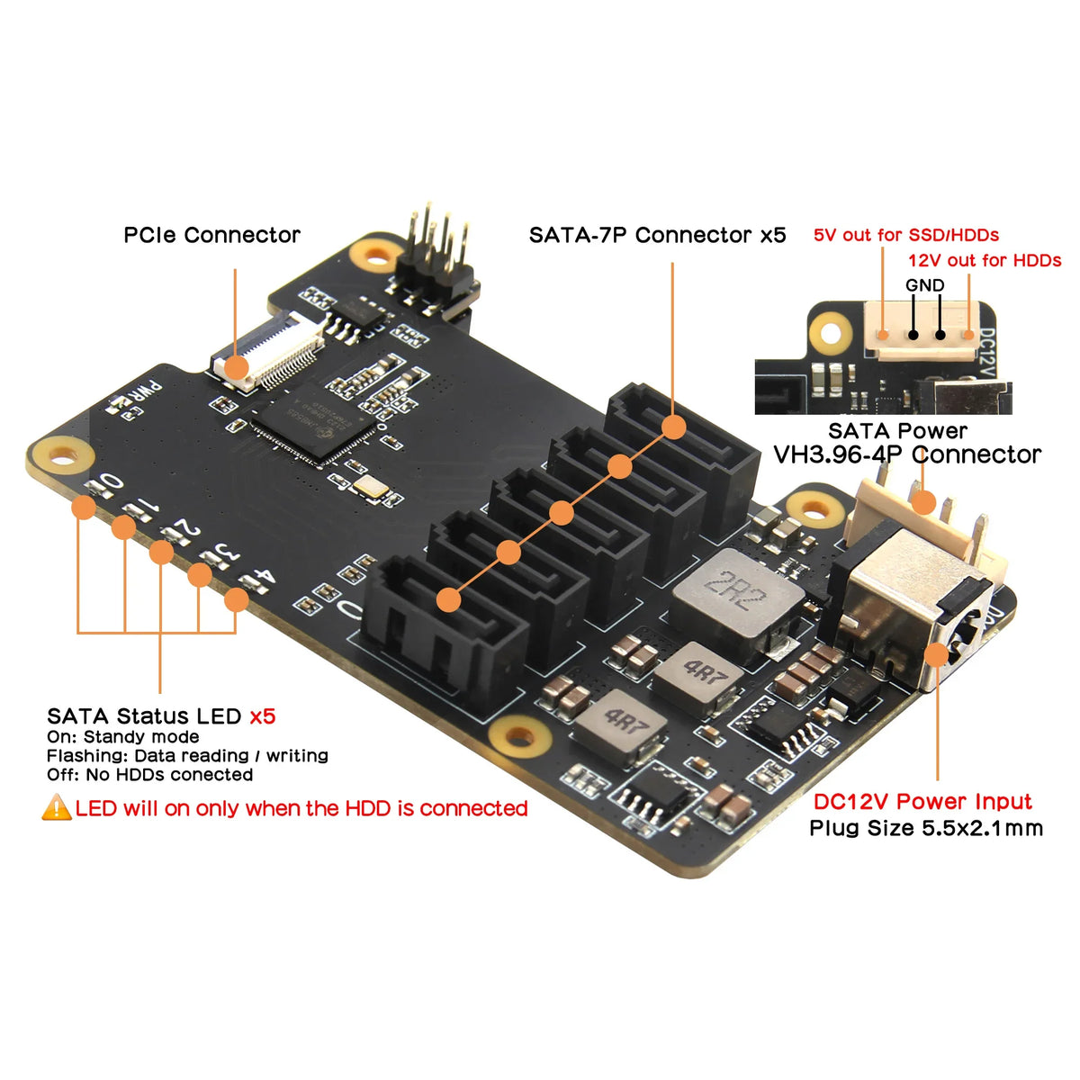X1009 PCIe to 5-Port SATA Shield for Raspberry Pi 5 (NOT Support Boot From HDD/SSD)