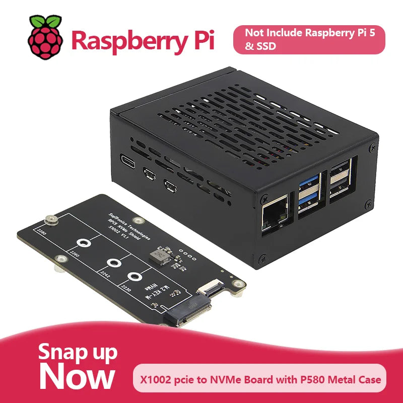 Custom X1002 PCIe to NVMe Board with P580 Metal Case for Raspberry Pi 5 Education and Learning