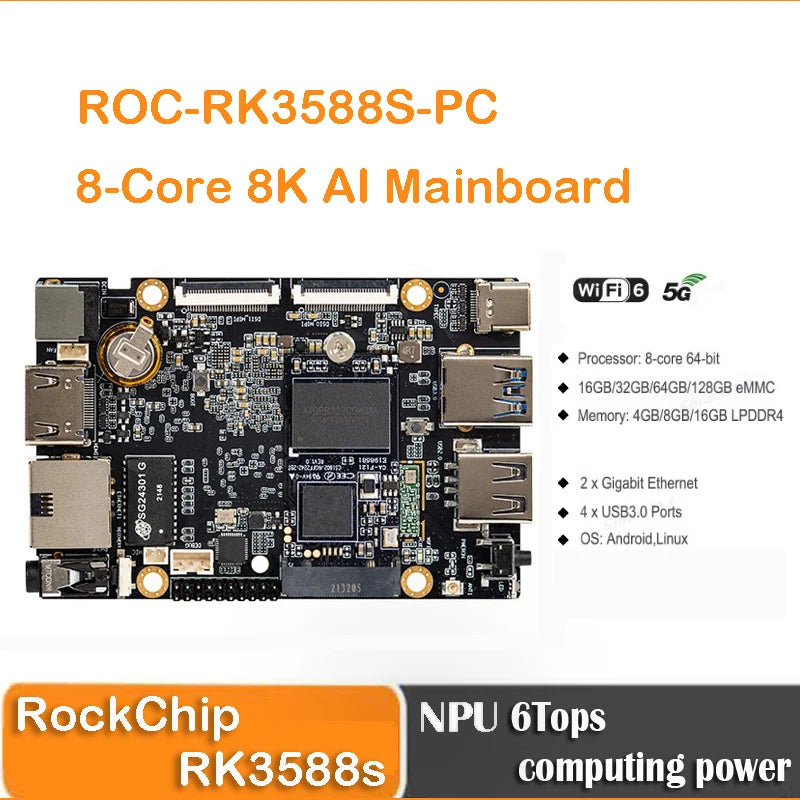 Custom  ROC-RK3588S-PC Rockchip RK3588 8K AI MainBoard 8-core 64-bit 4GB/8GB/16GB LPDDR4 NPU 6Tops Support Android Debian11AIoT Manufacturer