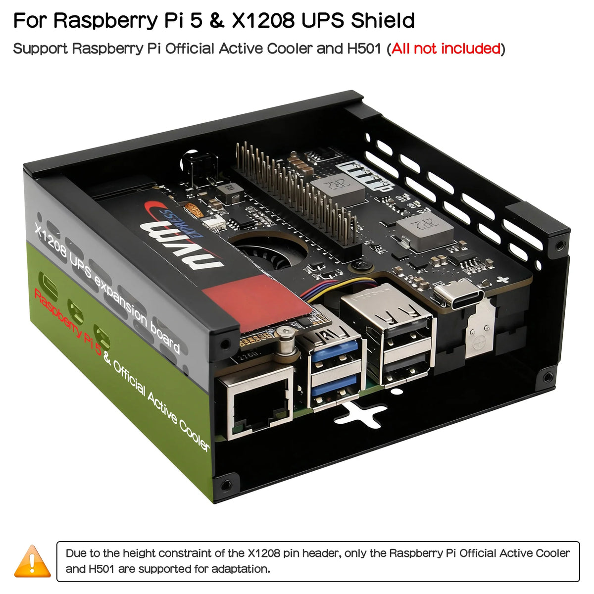 X1207-C1 Metal Case Compatible with X1207 / X1208 UPS HAT & Raspberry Pi 5 & Official Cooler