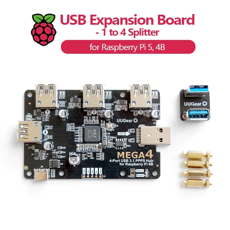 MEGA4: 4-PORT USB 3.1 PPPS HUB FOR RASPBERRY PI 5, 4B Custom