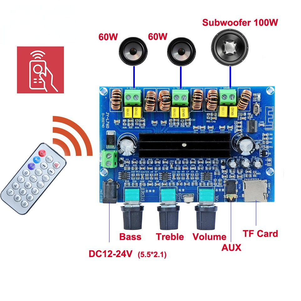 2*60W+100W TPA3116D2 Power Subwoofer Amplifier Board 2.1 TPA3116 Audio Stereo Equalizer AUX TF Remote Class D Amp pcb assembly Customize