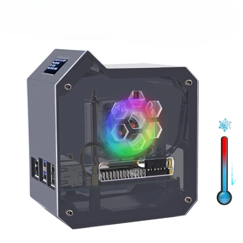 Raspberry Pi 5 Model LT ABS Mini Tower Case with Copper Tube Ice Tower Fan PWM JST 4Pin Port RGB LED 0.96" OLED Display