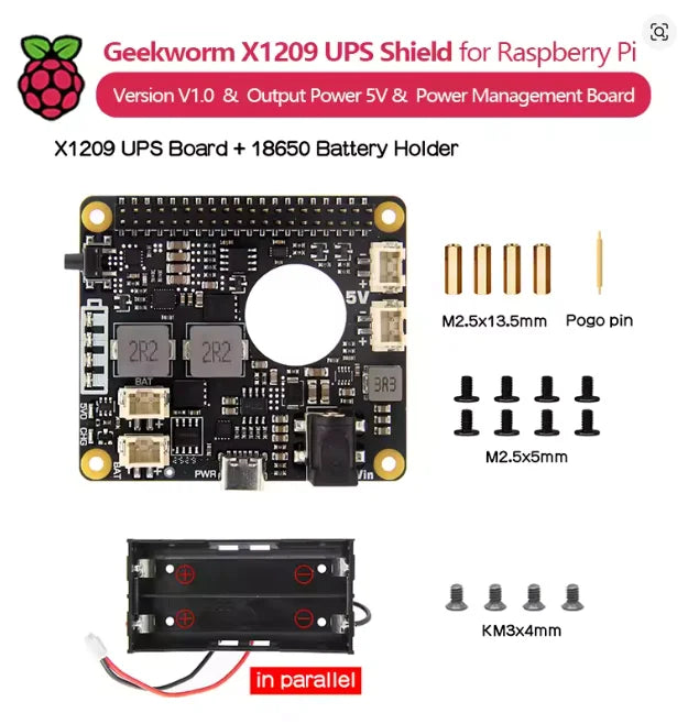 Custom X1209 V1.0 5V UPS HAT Extension Board Power Management Board for Raspberry Pi 5/4B/3B (Batteries Not Included)