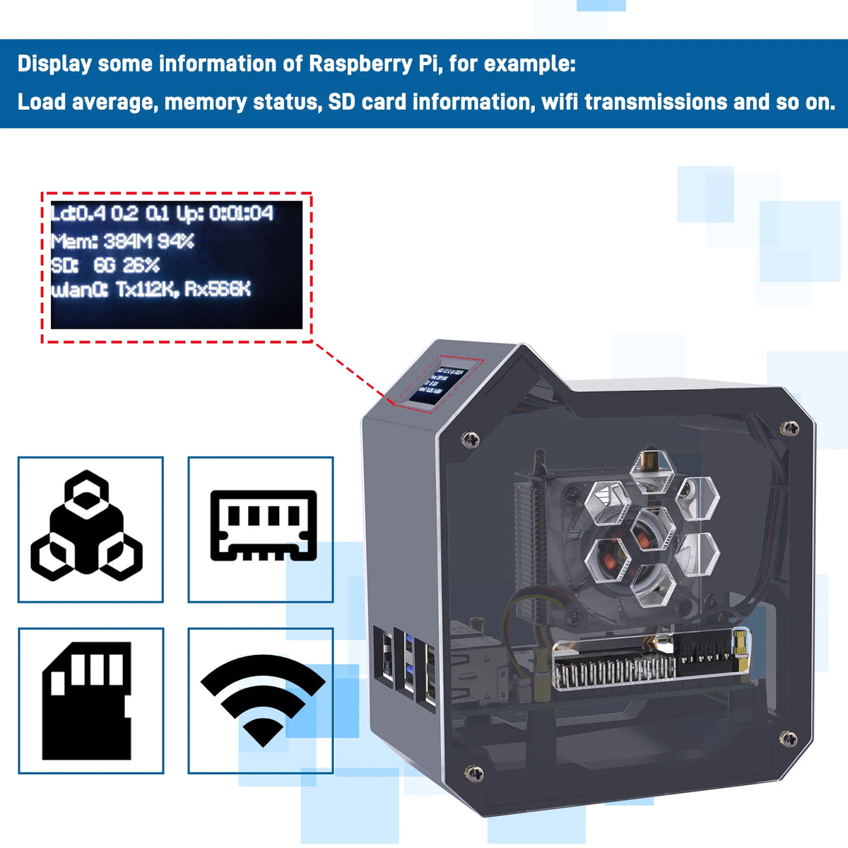 Raspberry Pi 5 Model LT ABS Mini Tower Case with Copper Tube Ice Tower Fan PWM JST 4Pin Port RGB LED 0.96" OLED Display