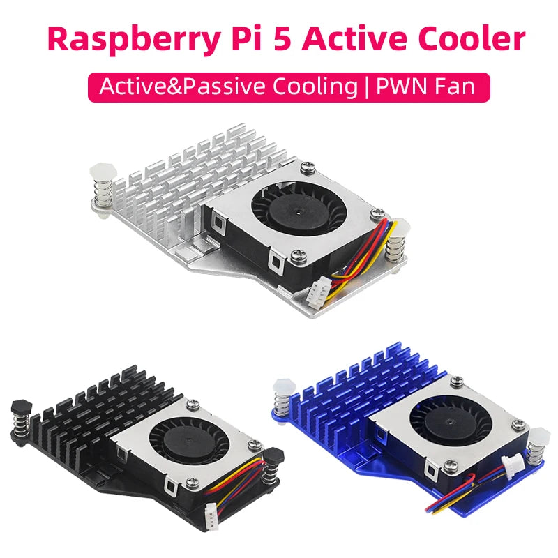 Raspberry Pi 5 Active Cooler Aluminum Heatsink PWM Speed Adjustable Fan Black/Silver/Blue Cooling Radiator