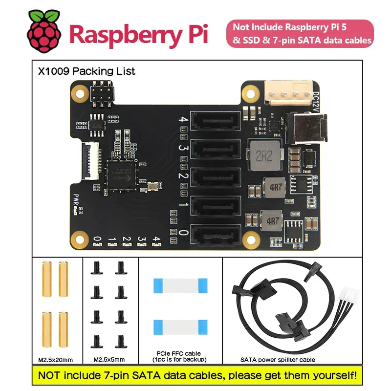Custom X1009 PCIe To 5-Port SATA Shield for Raspberry Pi 5 (NOT Support Boot From HDD/SSD) Custom
