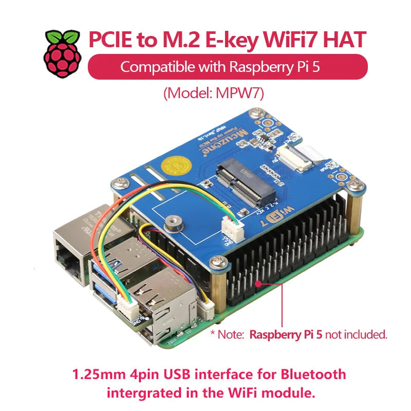 (ModelMPW7) PCIe WiFi7 Expansion Board for Raspberry Pi 5 Supports BE200/WiFi6E AX210/AX200 Compatible Google TPU for Education