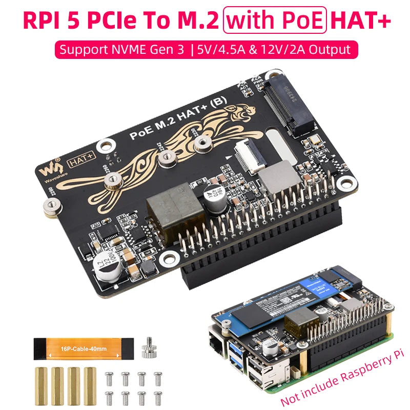 Raspberry Pi 5 PCIe M.2 PoE HAT (B) with NVMe Gen3 Support for High-speed Read/Write SSD