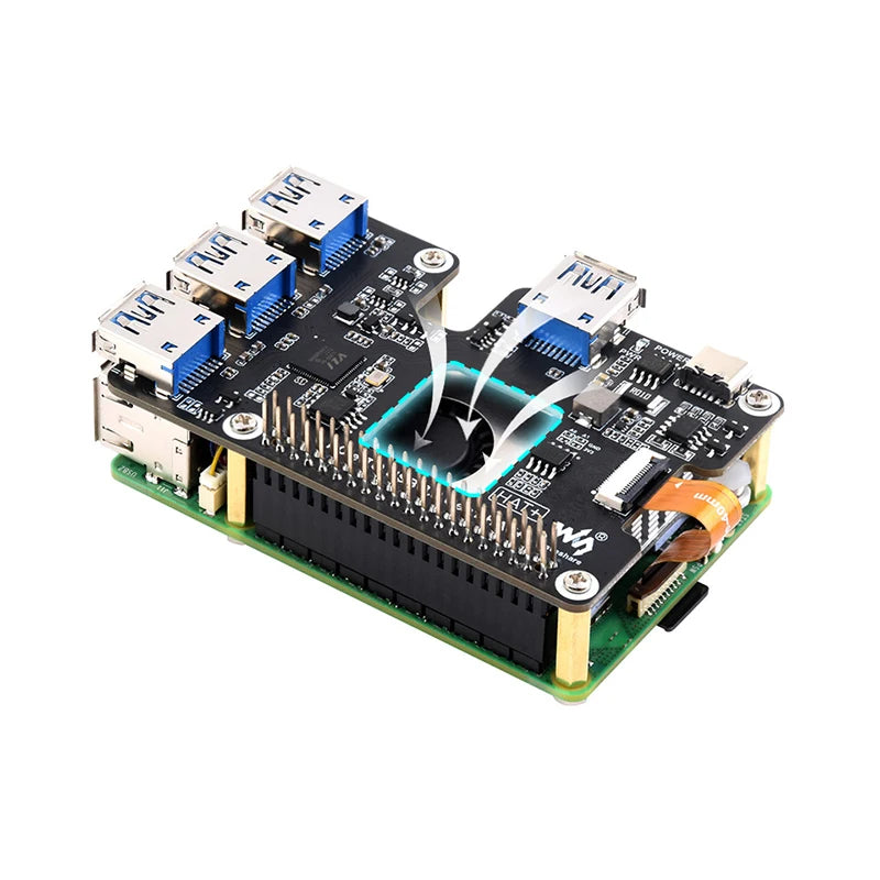 Custom PCIe To USB 3.2 Gen1 HAT for Raspberry Pi 5 PCIe to USB HUB 4x High Speed USB Ports Plug and Play HAT+ for RPI 5