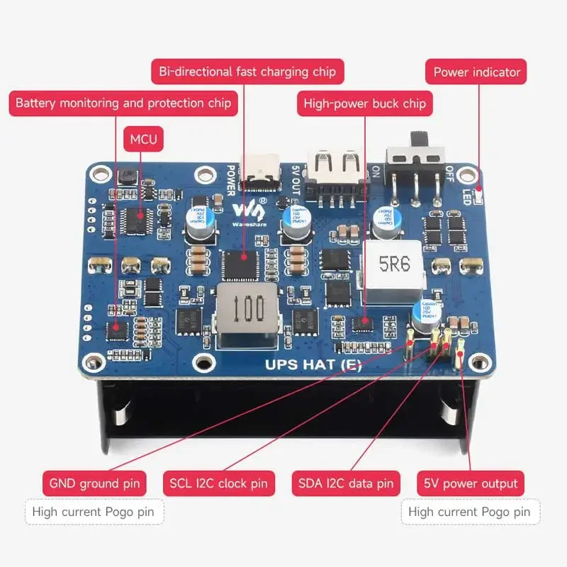 Raspberry Pi 5 UPS HAT (E) 5V 6A Output Uninterruptible Power Supply Supports 21700 Li batteries (NOT Included)