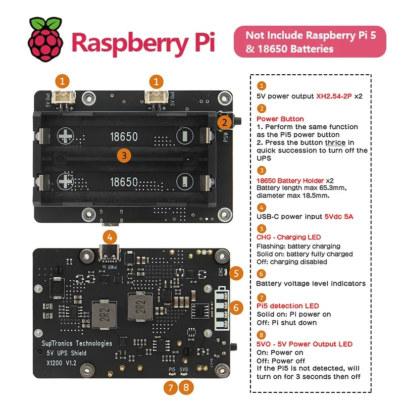Custom Raspberry Pi 5 18650 UPS, X1200 V1.2 Power Management Board with Auto Power on For Pi 5 Custom