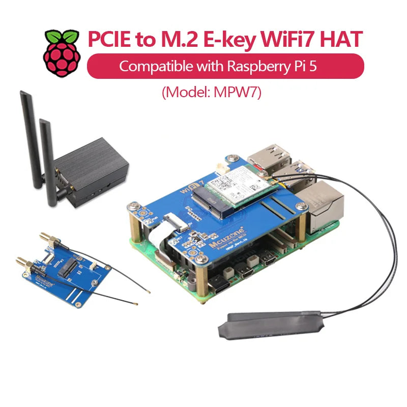 (ModelMPW7) PCIe WiFi7 Expansion Board for Raspberry Pi 5 Supports BE200/WiFi6E AX210/AX200 Compatible Google TPU for Education