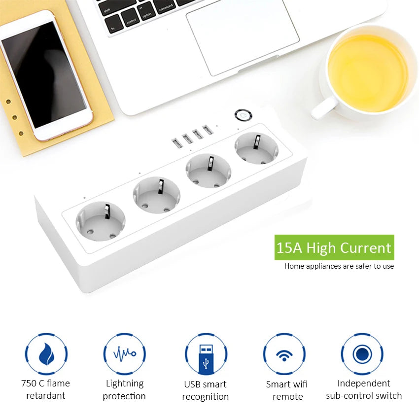 Custom Lonten Smart Plug Wifi Power Surge Protector Multiple Power Sockets 4 USB Port remote Control for Alexa Google Home wifi plug Manufacturer