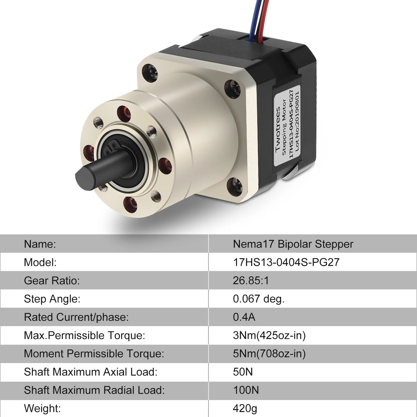 Custom Nema 17 Stepper Motor 17HS13-0404S-PG27 L=33mm w/ Gear Ratio 27:1 Planetary Gearbox 0.4A for CNC Robot/ 3D Printer Manufacturer