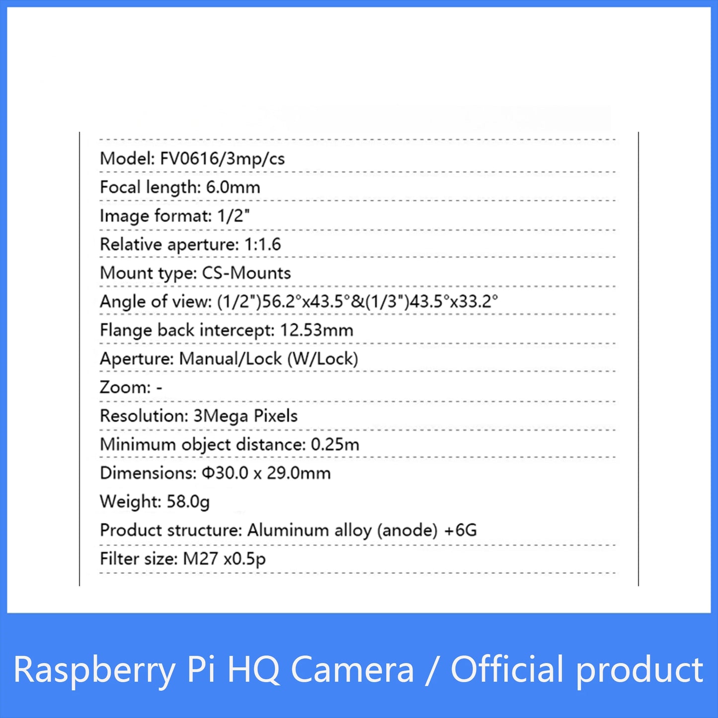 Custom Raspberry Pi HQ Camera Official product FV0616/3MP 6mm Sony IMX477 with adjustable back focus and support CS-mount lenses Manufacturer