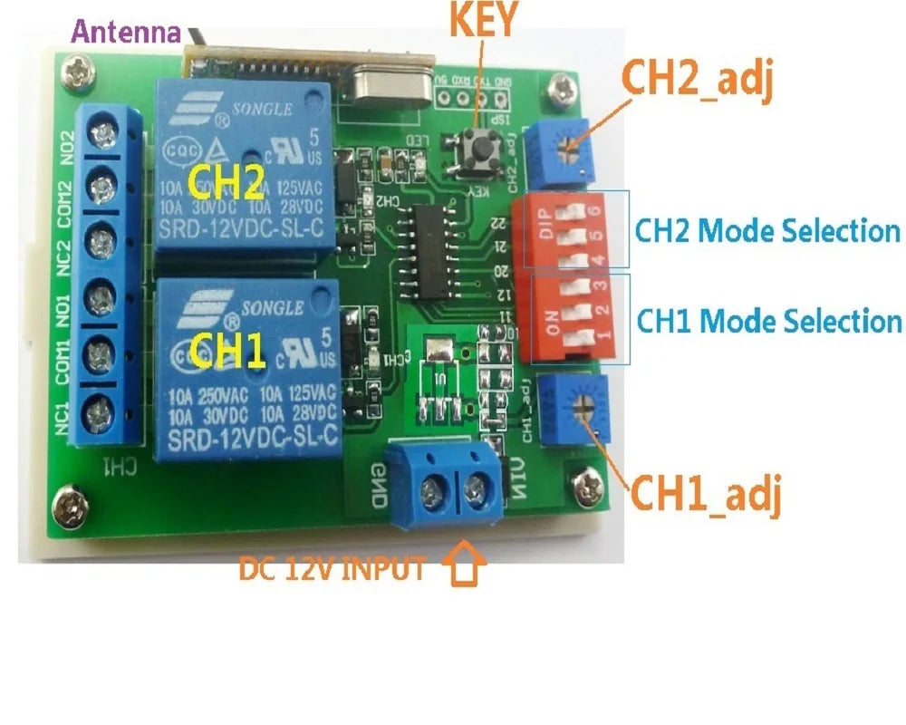 Custom OEM CE029B*1+CJ002*2 DC 5V 433mHz 2 Channel Wireless Delay Relay Remote Controller Manufacturer