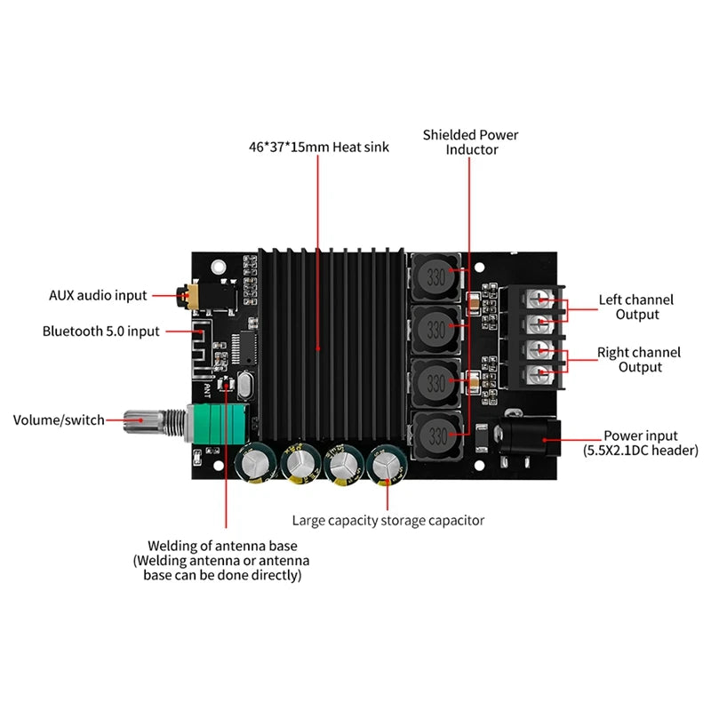 Custom LT-YS-XPS 2.0 Channel BT Audio Amplifier Board +Heat Sink TDA7498E 150Wx2 Dual-Channel Stereo Audio Module DC12-32V Manufacturer