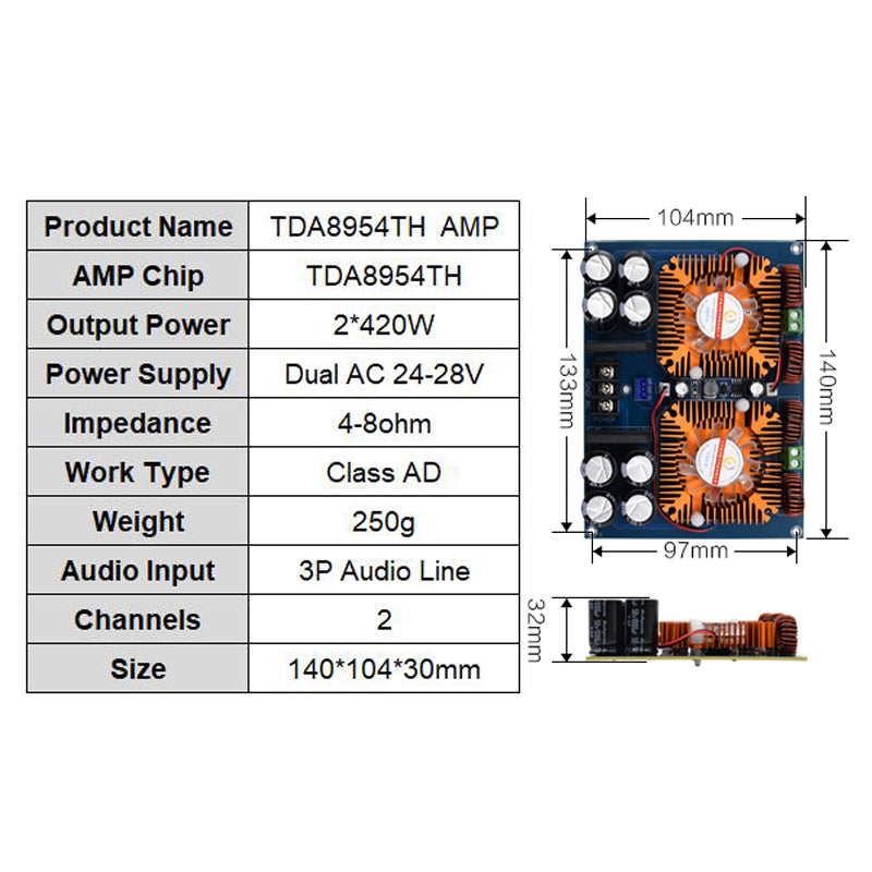 2*420W Audio Amplifier Board TDA8954TH Class AD Power Stage Audio Amplifier Board Dual Channels Stereo Home pcb assembly Customize