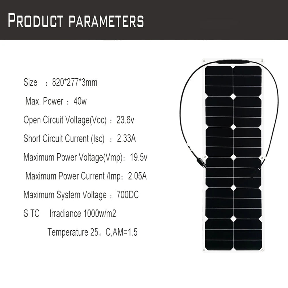 Custom 40W Solar Panel ETFE Flexible Plate 820*277*3mm High Efficiency Module PV Power for 12V Battery Charging Boat, Caravan, RV Manufacturer