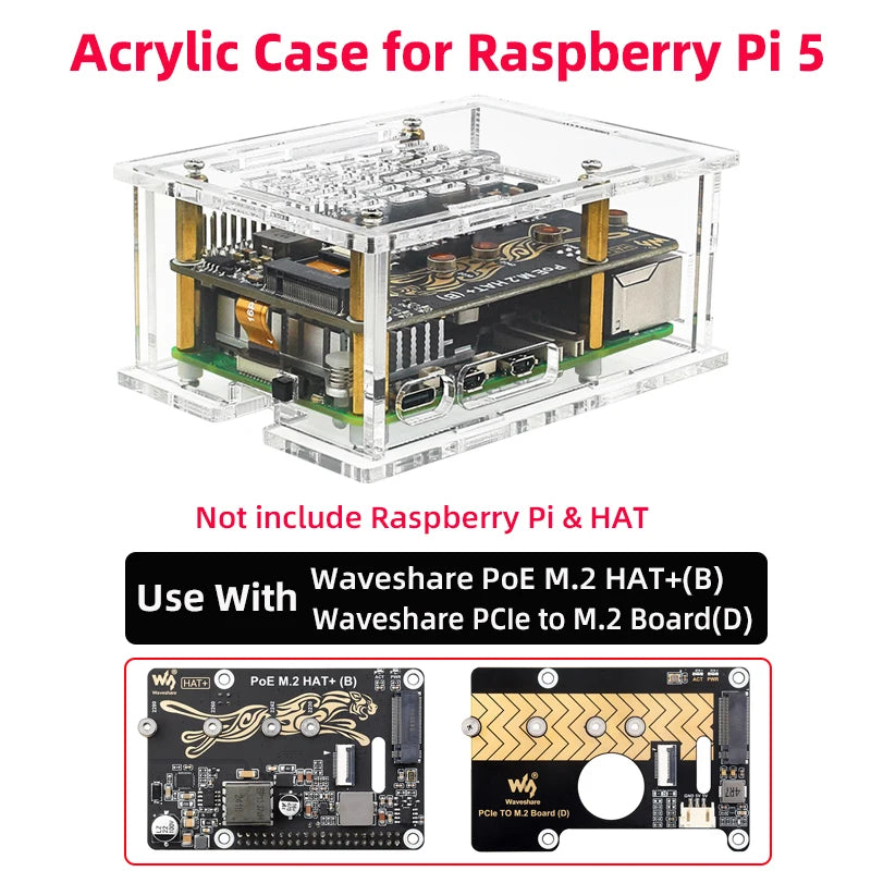Acrylic Case for Raspberry Pi 5 (PoE M.2 HAT+ B & PCIe to M.2 Board D)-Only Case HAT Not Included