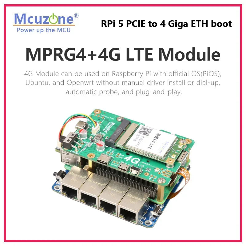 MPRG4-Case, Raspberry Pi 5 PCIE To 4xGiga Ethernet Boot, Driver Free with RPi OS and Openwrt Custom