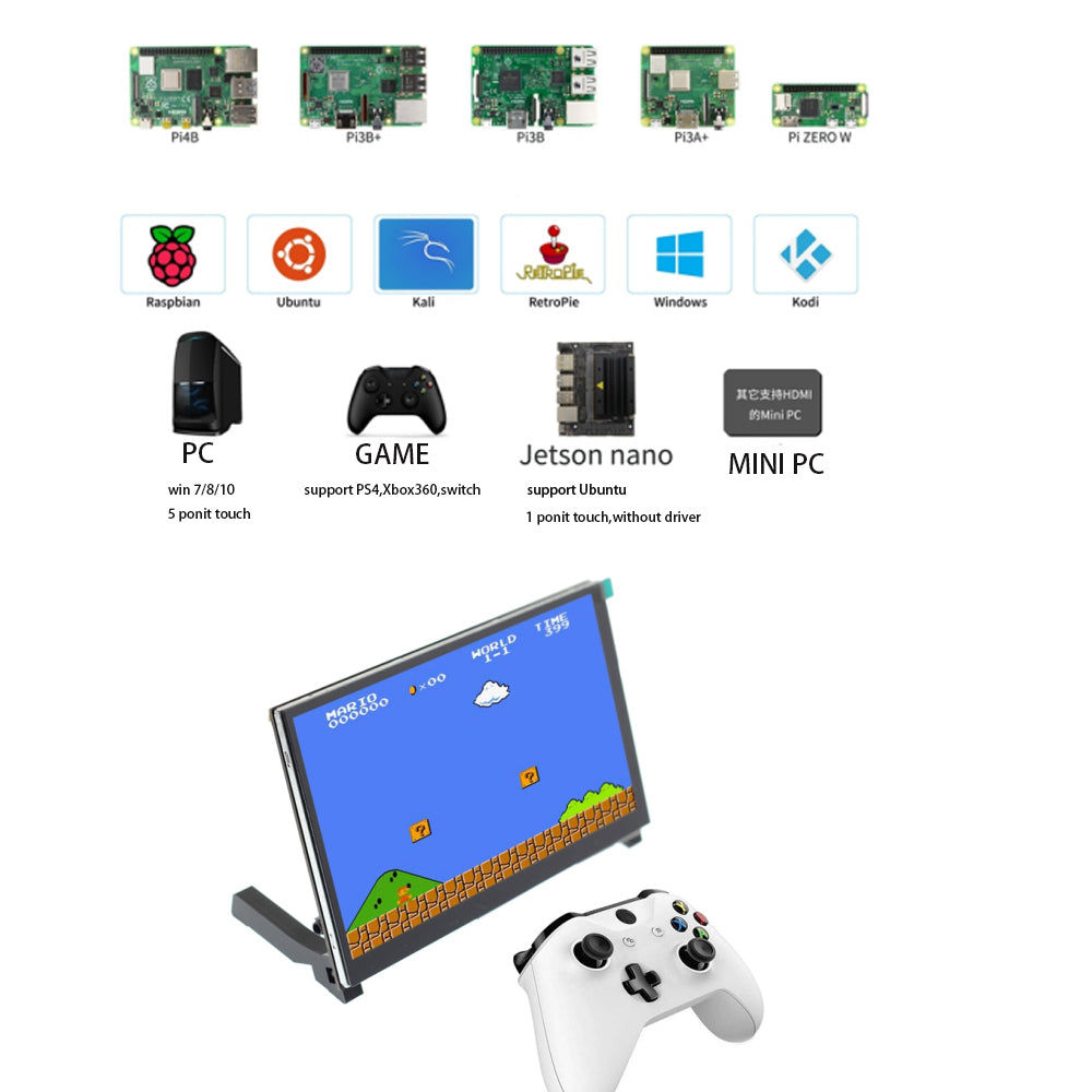 LONTEN 7 inch lcd display capacitive touch IPS 1024*600 monitor with holder speaker for Raspberry Pi win7 Custom