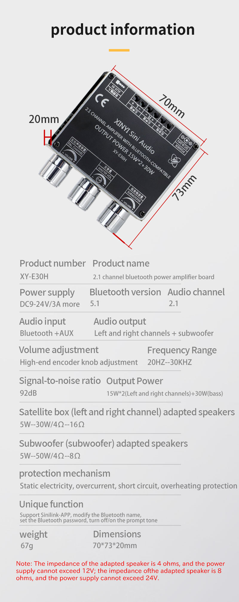 2.1 Channel 2*15W+30W  Power Subwoofer Amplifier Board  HiFi Class D Home Theater Audio Stereo Equalizer AUX Amp