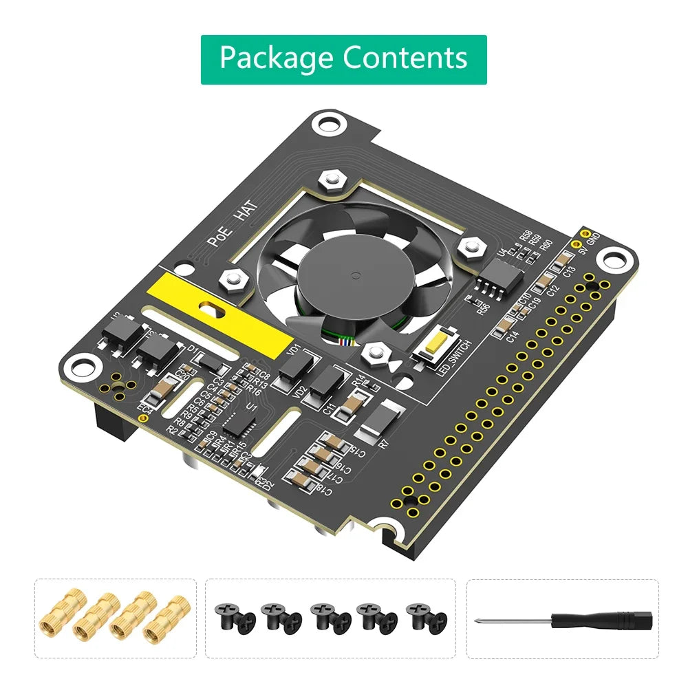 PoE HAT for Raspberry Pi 5 With Cooling Fan/Computer Module 5 With Automatic Discoloration LED Power Over Ethernet 5V 5A 25W