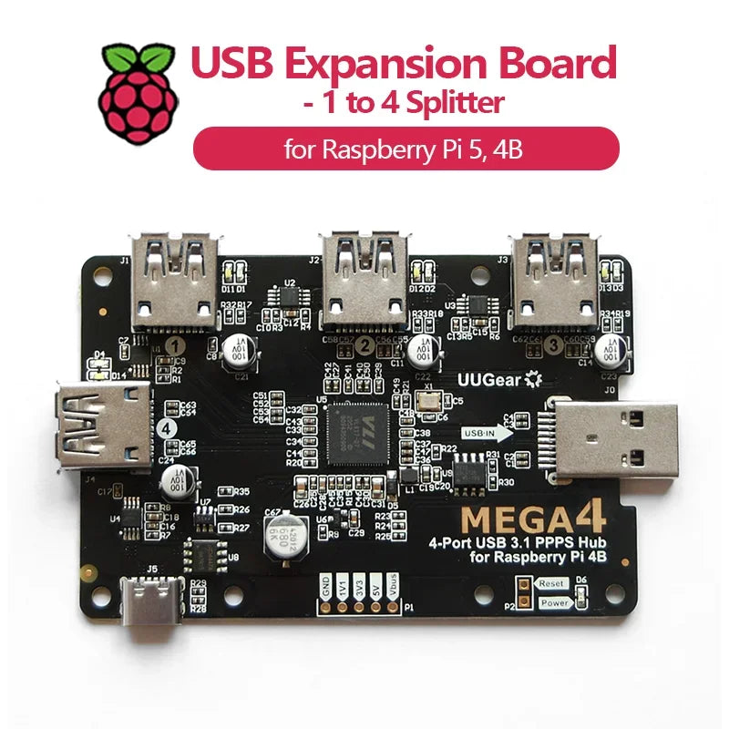 MEGA4: 4-PORT USB 3.1 PPPS HUB FOR RASPBERRY PI 5, 4B Custom