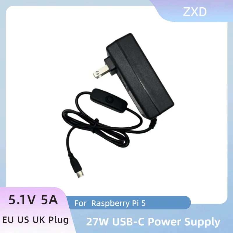 Raspberry Pi 5 5.1V 5A PD 27W USB-C Charger with EU/US/UK Plug for Raspberry Pi 5/4B