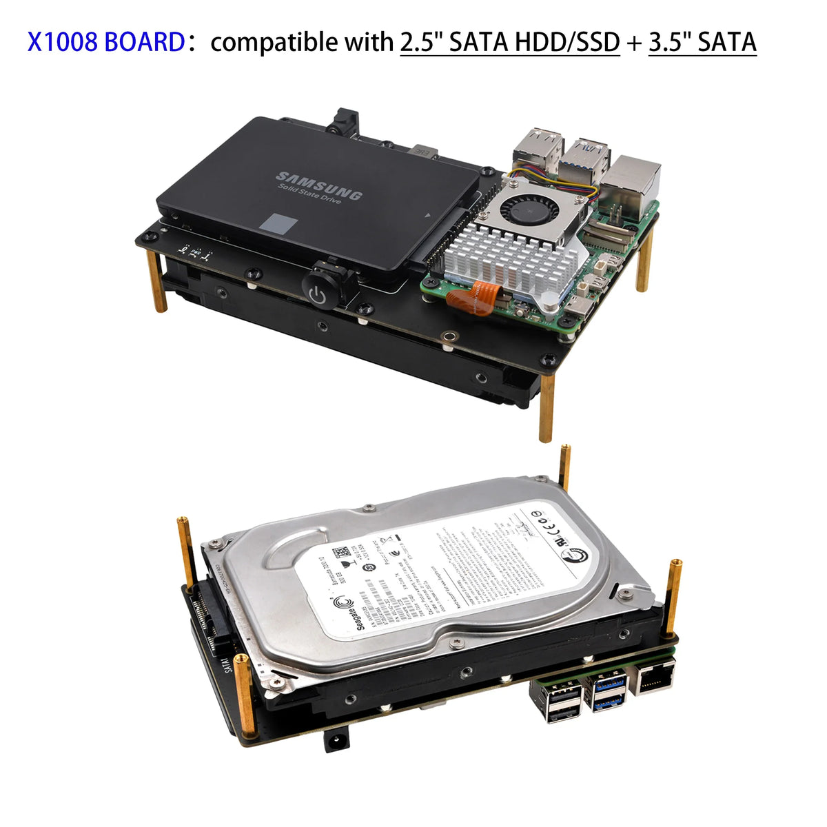 Custom  X1008 PCIe to 2.5" SATA HDD/SSD+3.5" SATA HDD Shield for Raspberry Pi 5 (NOT Support Boot from HDD/SSD)