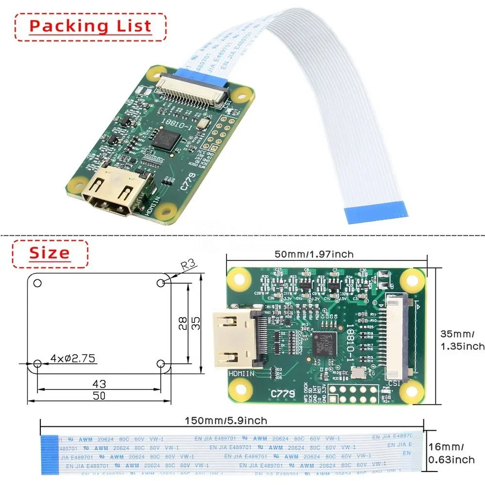 Hd to CSI-2 Adapter Board C779 with 15 pin FFC cable for Raspberry Pi 5B/4B/3B+/3B/2B/Zero