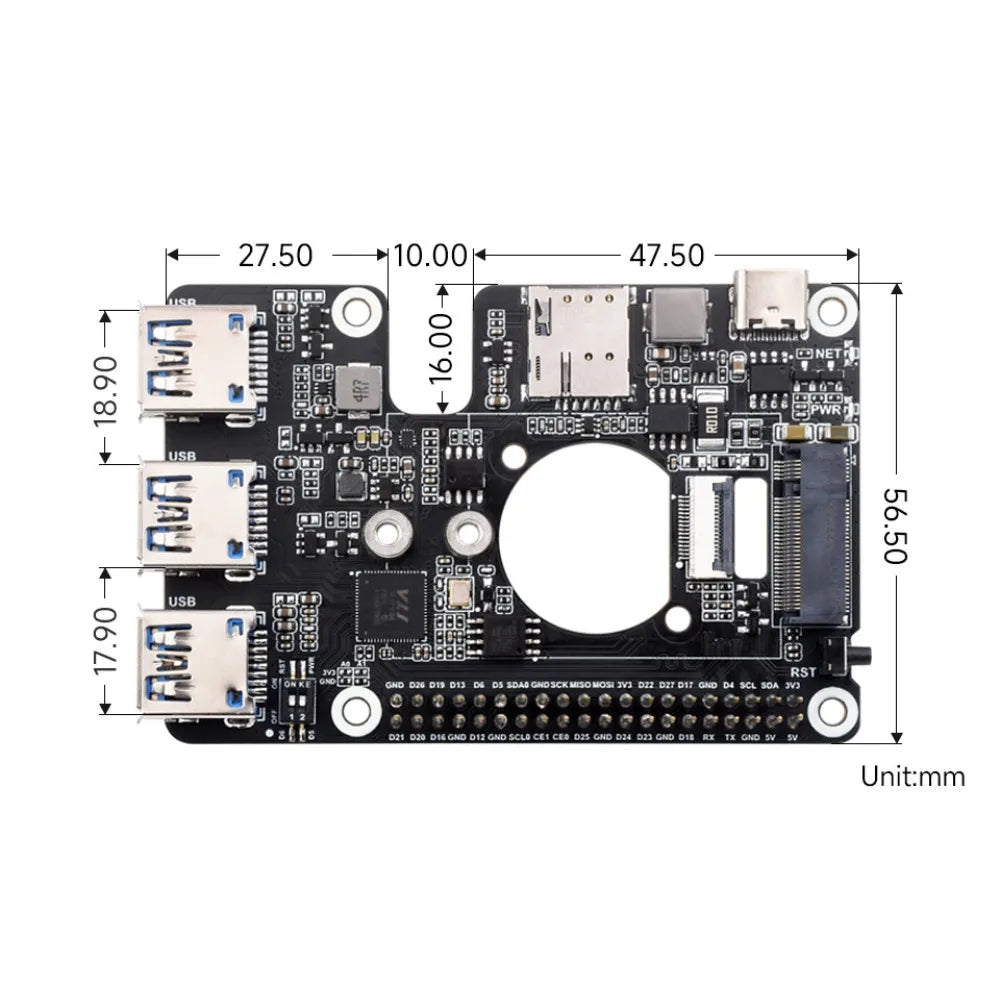 PCIe to M.2 4G/5G And USB 3.2 HAT for Raspberry Pi 5,Compatible with SIMCom/Quectel 4G/5G modules,Raspberry Pi 5 HAT,High-speed