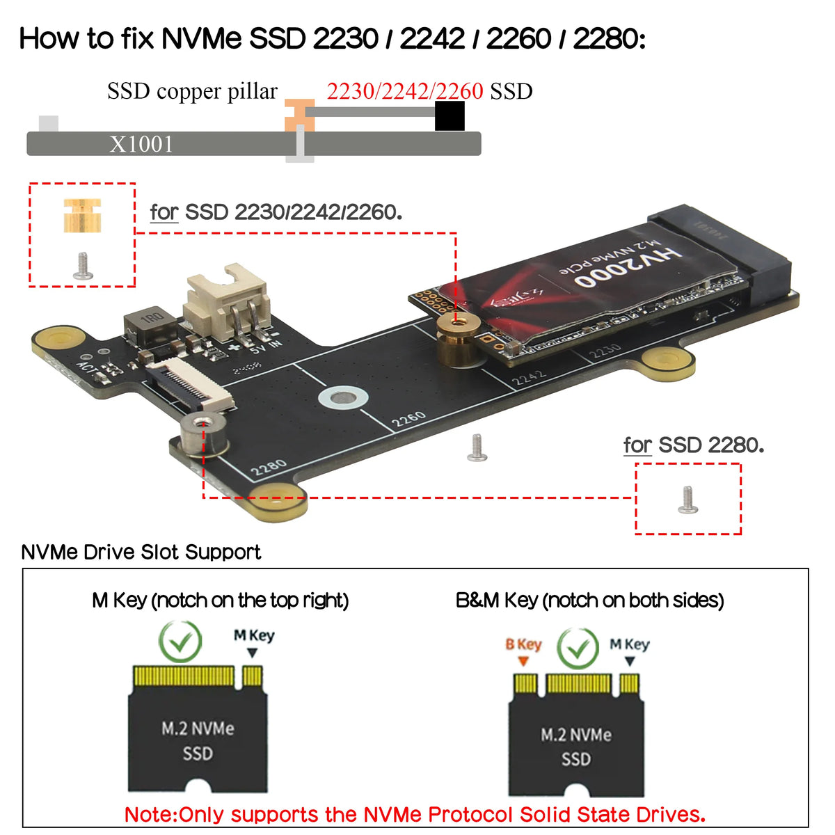 Custom  X1001 PCIe to NVMe M.2 SSD Shield Board for Raspberry Pi 5