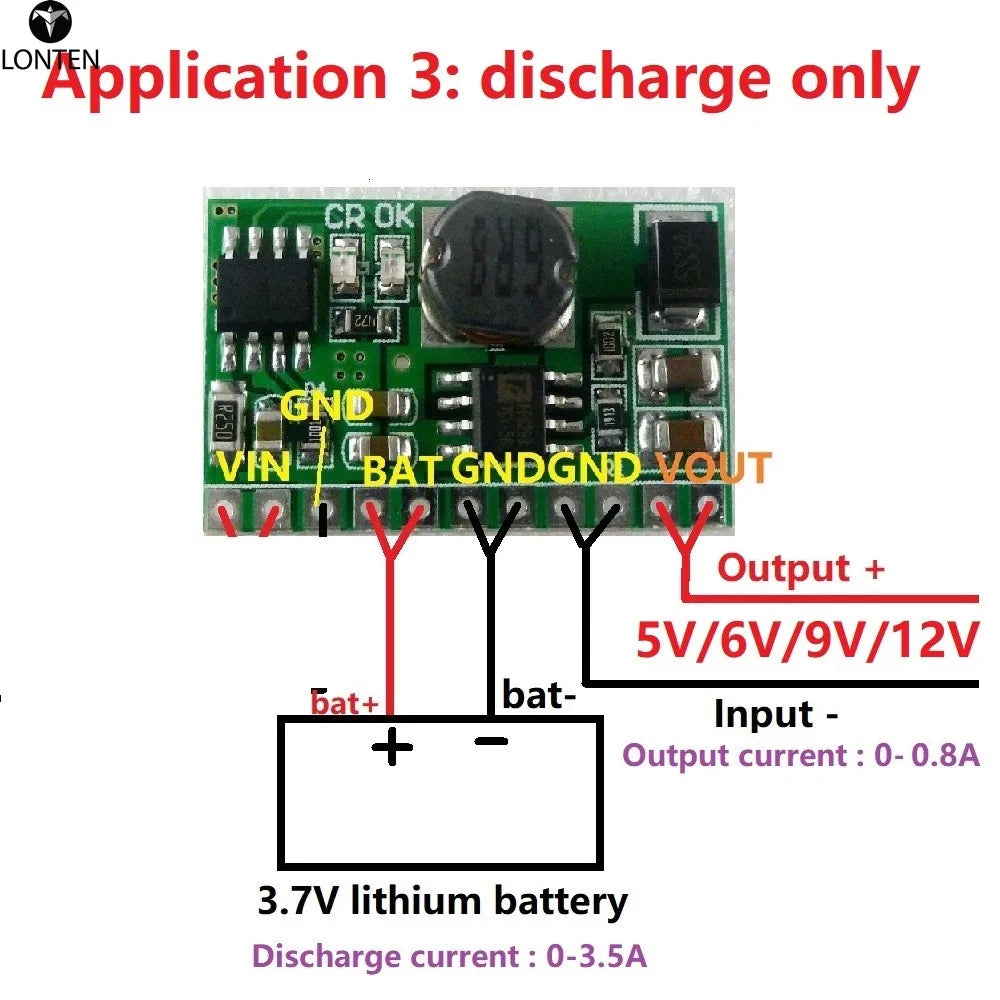 Custom 10W 3.7V 4.2V Charger & 5V 6V 9V 12V Discharger Board DC DC Converter Boost Step-up Module UPS diy Li-lon LiPo lithium battery Manufacturer