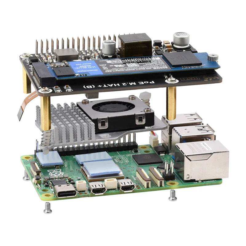 Raspberry Pi 5 PCIe M.2 PoE HAT (B) with NVMe Gen3 Support for High-speed Read/Write SSD