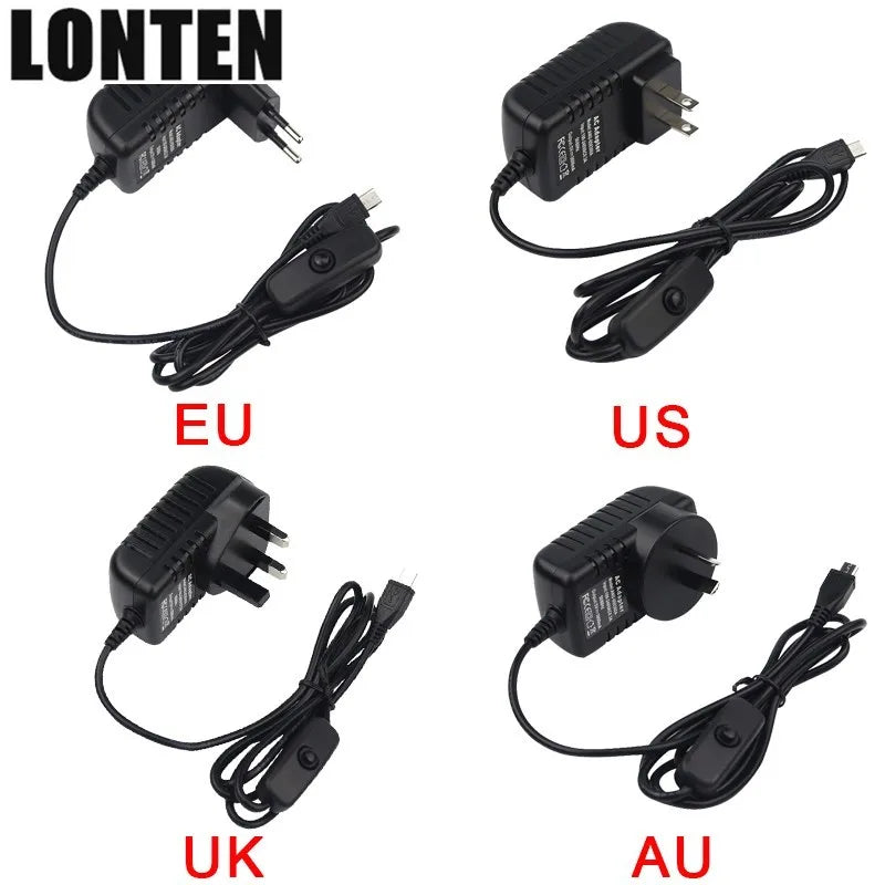 Custom Lonten Raspberry Pi 3 B+ Power Supply 5V 3A Switch Button Micro USB Power Charger Adapter EU US UK AU Plug for Raspberry Pi 3 Mo Manufacturer