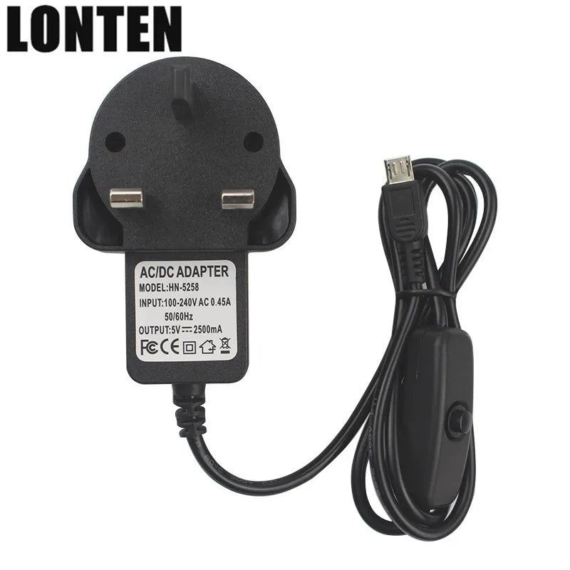 Custom Lonten 5V 2.5A Power Supply with ON/OFF Switch Button Micro USB Power Charger Adapter EU US UK AU Plug for Raspberry Pi 3 Model Manufacturer