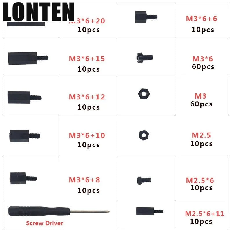 Custom Lonten 210 pcs Raspberry Pi 3 Model B+(plus) M3 M2.5 Plastic Screws Nuts Nylon Black Screws + Case for DIY Robot Car RC FPV RPI Manufacturer