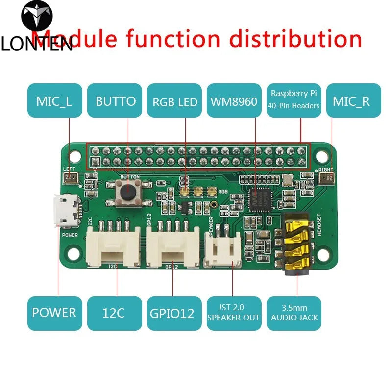 Custom Lonten High Quality Raspberry Pi 3 ReSpeaker 2-Mic Pi HAT Microphone Al Voice Board for Raspberry Pi 3B+/ 3B / Zero W / Zero 1.3 Manufacturer