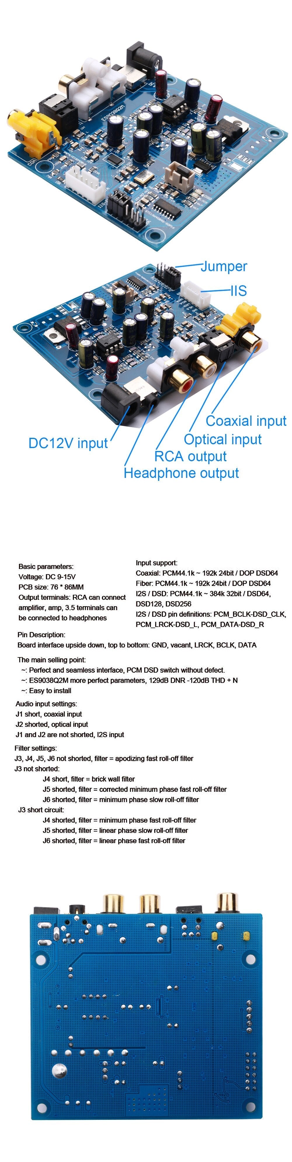 LONTEN M7A JRC55320 ES9038Q2M I2S DSD Optical Coaxial Input Decoder DAC Headphone Output Audio amplifier Board customize