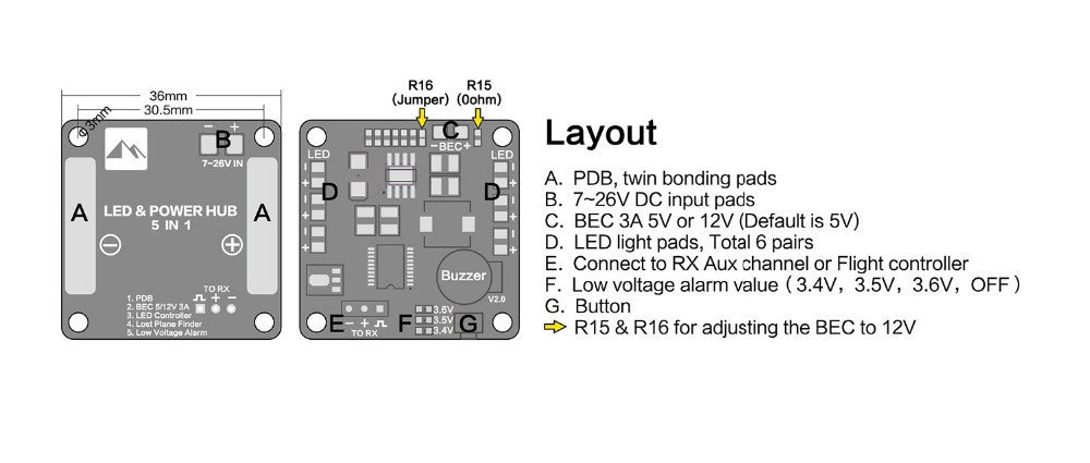 PDB Power Distribution Board BEC-5V/12V 3A &amp;Signal Loss Alarm Quadcopter Finder with 2-6S Lipo Low Voltage Buzzer F16891 customize