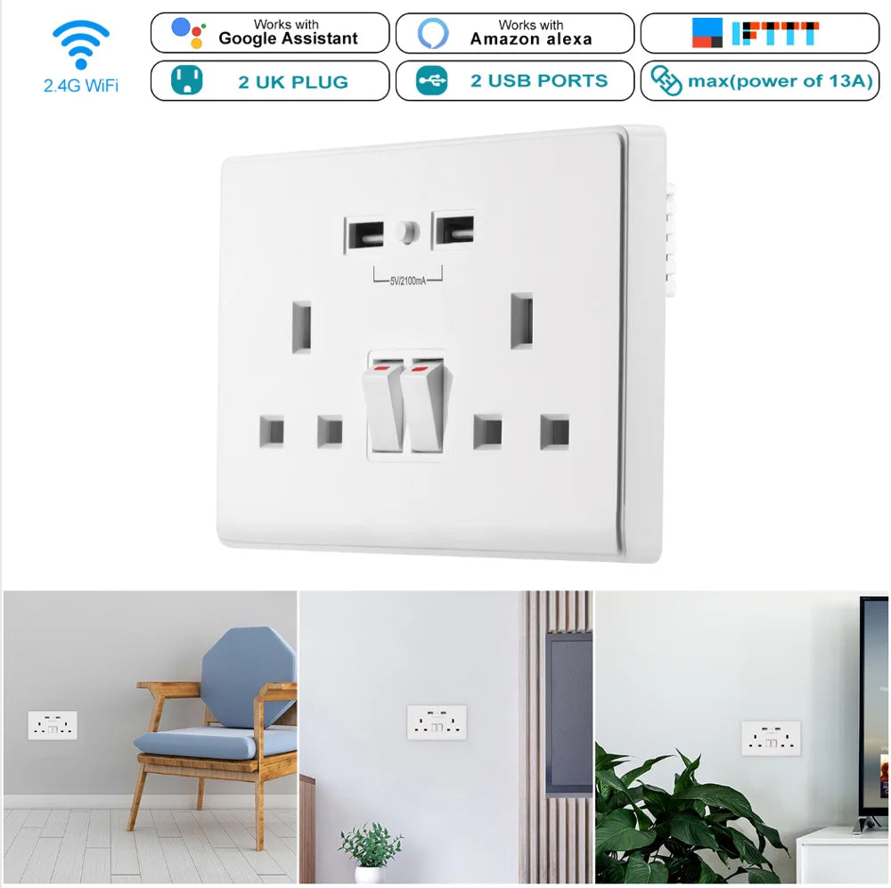 Custom Lonten WiFi Smart Wall Outlet Dual Sockets UK Plug smart remote control compatible with IFTTT Alexa Google Home Manufacturer