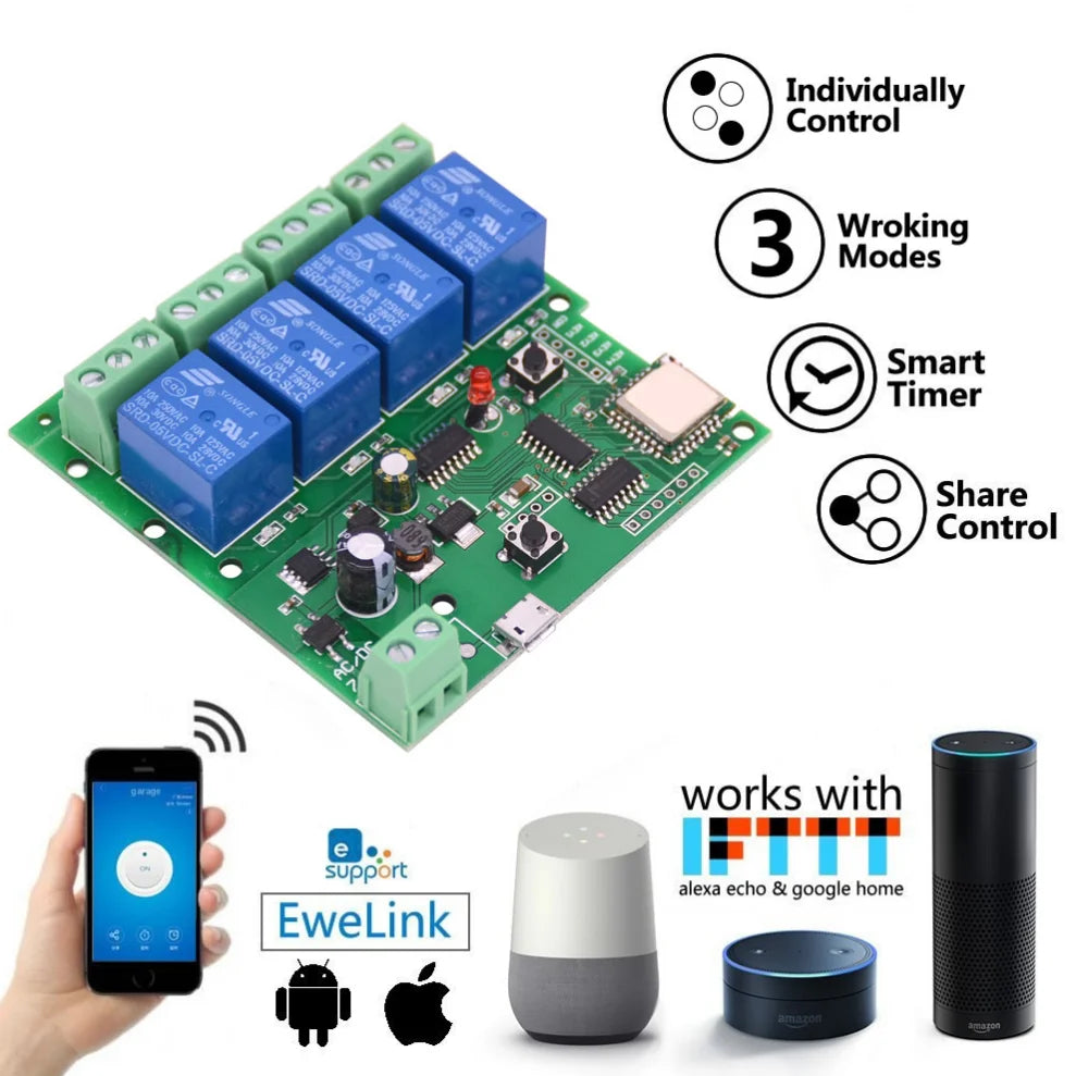 Custom Lonten DC5V 4 Channel 10A relay module wifi Wireless Delay Relay 4Way Module APP Remote Control for Smart Home Android  IOS Manufacturer