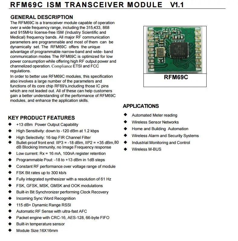 Custom 433/868/915MHZ GFSK Wireless Transceiver Module SX1231 13DBM