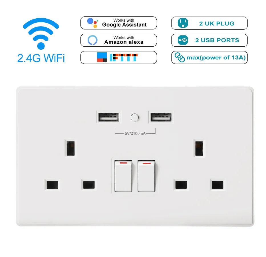 Custom Lonten WiFi Smart Wall Outlet Dual Sockets UK Plug smart remote control compatible with IFTTT Alexa Google Home Manufacturer