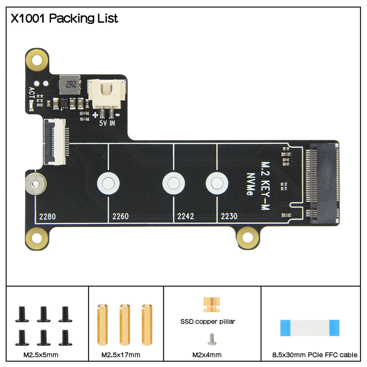 Custom  X1001 PCIe to NVMe M.2 SSD Shield Board for Raspberry Pi 5