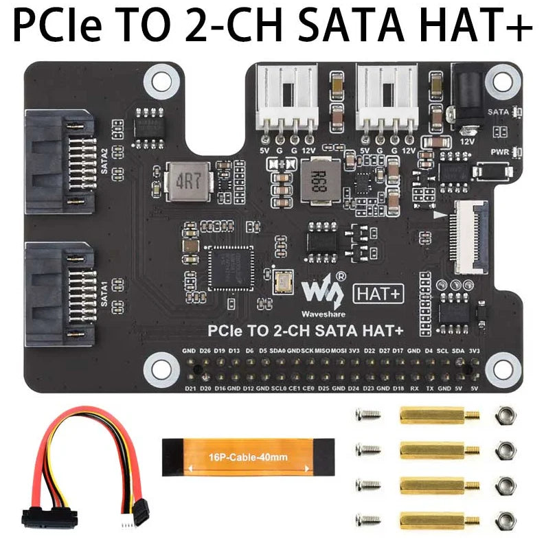Raspberry Pi 5 PCIe to SATA Expansion Board with EEPROM HAT+  PCIe TO 2-CH SATA HAT+