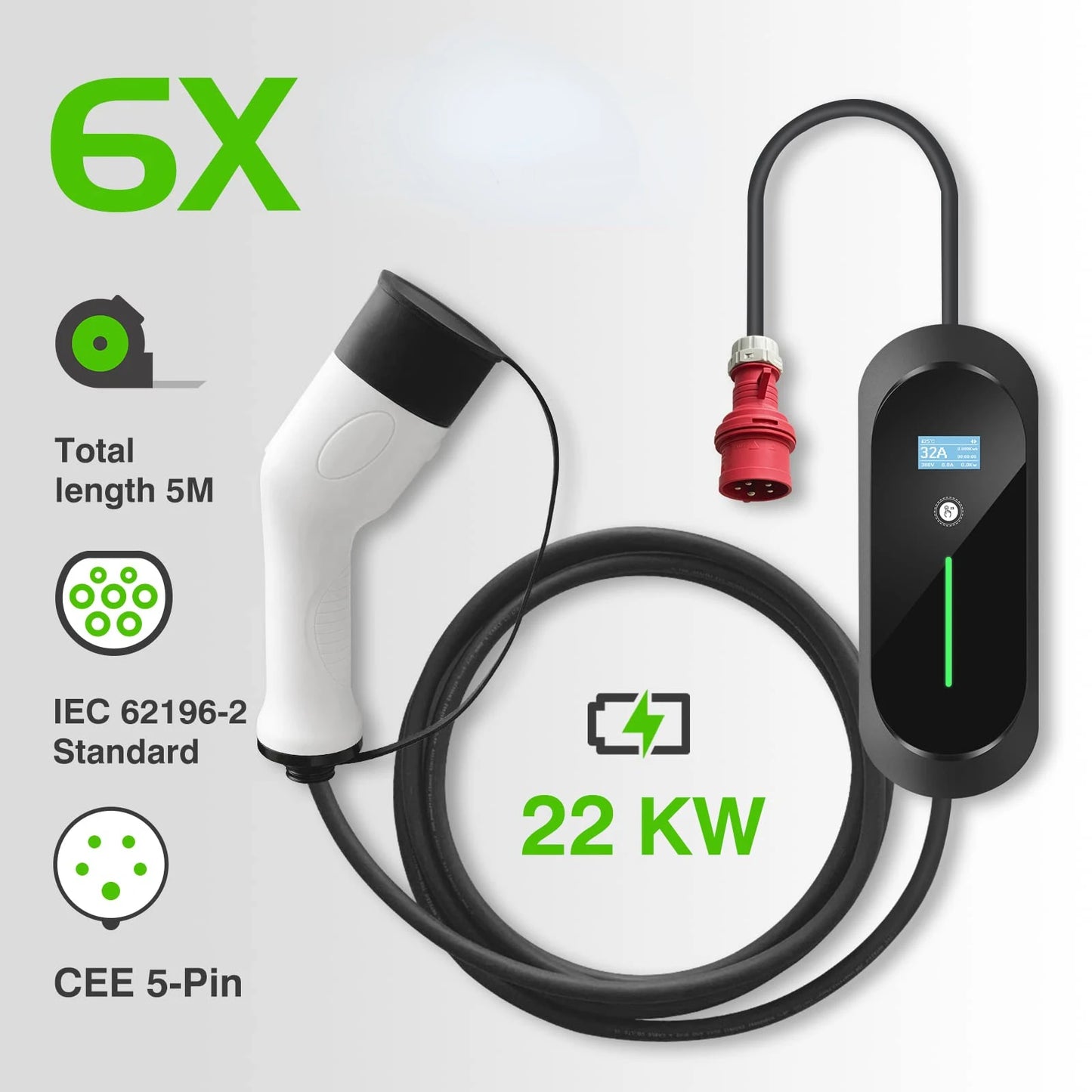 Custom 22KW 32A 3 Phase EV Charging Stations Level 2 Electric Car Charger IEC 62196 Type 2 5M Cable Manufacturer